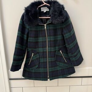 CoffeeShop Navy and Green Plaid Pea Coat with Faux Fur Collar